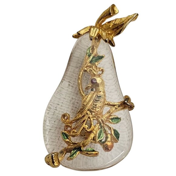 Tancer II Jelly Clear Lucite Pear Partridge Bird Leaf Brooch Pin Signed - Picture 9 of 9